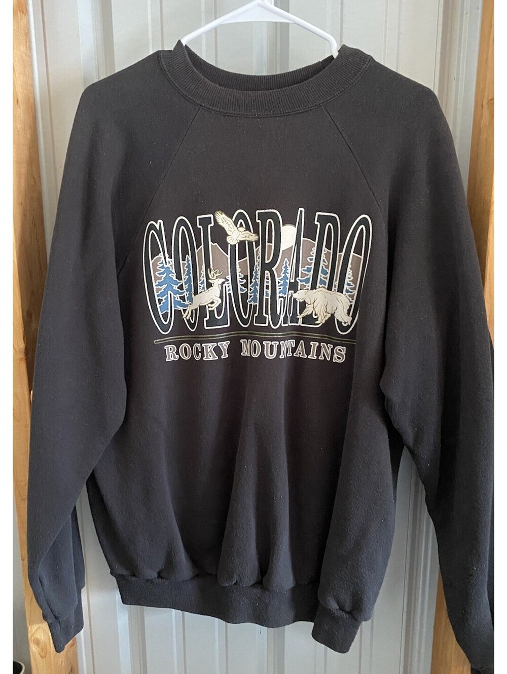 Vintage Mens Colorado Rocky Mountains Themed Graphic Black Sweatshirt Size XL